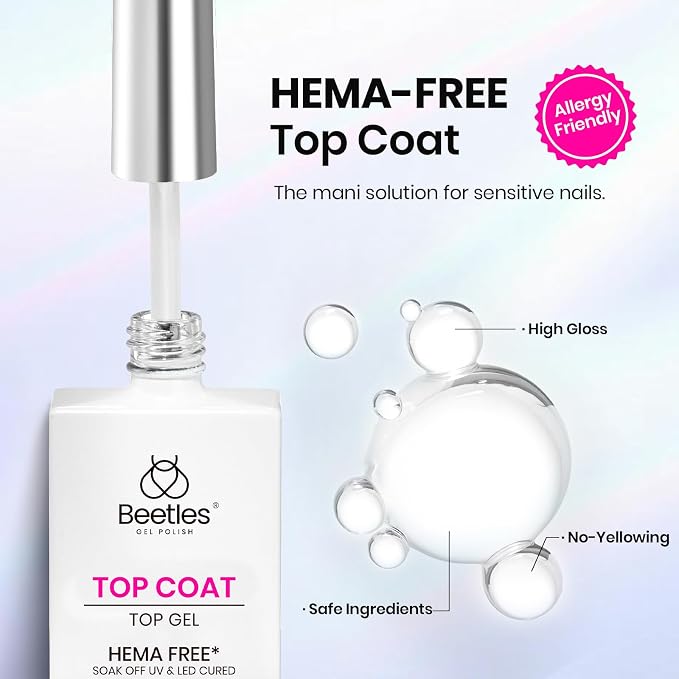 Beetles HEMA-Free & TPO-Free No Wipe Gel Top Coat,2Pcs 15ML | Gel Nail Polish Top Coat, High Gloss Long-Lasting Scratch-Resistant Soak-Off UV/LED Lamp Required