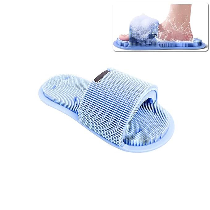 Shower Foot Scrubber,Soft Silicone Foot Cleaner with Non-Slip Suction Cups,Exfoliating Dead Skin Foot Massager Slipper improve Circulation & Soothes Tired Feet for Unisex Adults - 1pcs (Blue)