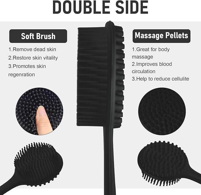 KXF Silicone Back Scrubber for Shower Bath Body Brush with Long Handle Double Sided Exfoliating Shower Brush with a Hook and a Lanyard