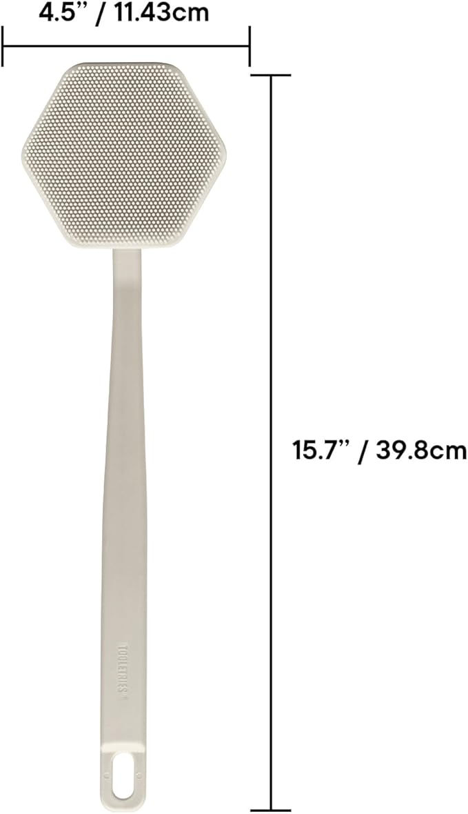 TOOLETRIES Silicone Back Scrubber for Shower, Bath Brush - Sand | Long ergonomic handle and non-slip grip make exfoliating hard-to-reach areas simple and comfortable.