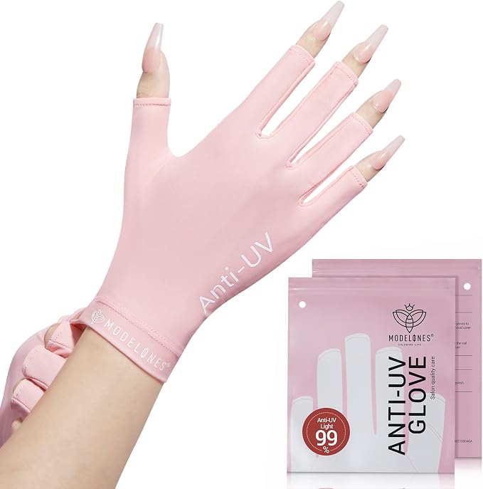 modelones UV Gloves for Gel Nail Lamp, Pink UV Gloves for Gel Manicures | Professional UPF50+ UV Protection Gloves for Manicures Art Skin Care Fingerless Gloves