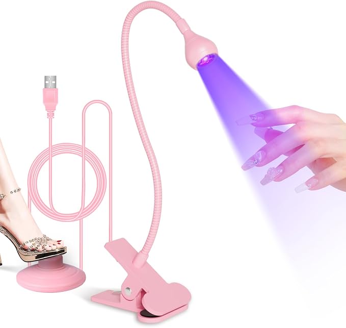 AORAEM UV LED Nail Lamp, Quick Drying UV Light for Gel Nails | LED Nail Cure Lamp, Flash Cure Light with Gooseneck and Clamp for Gel Nails, Foot Control, Pink