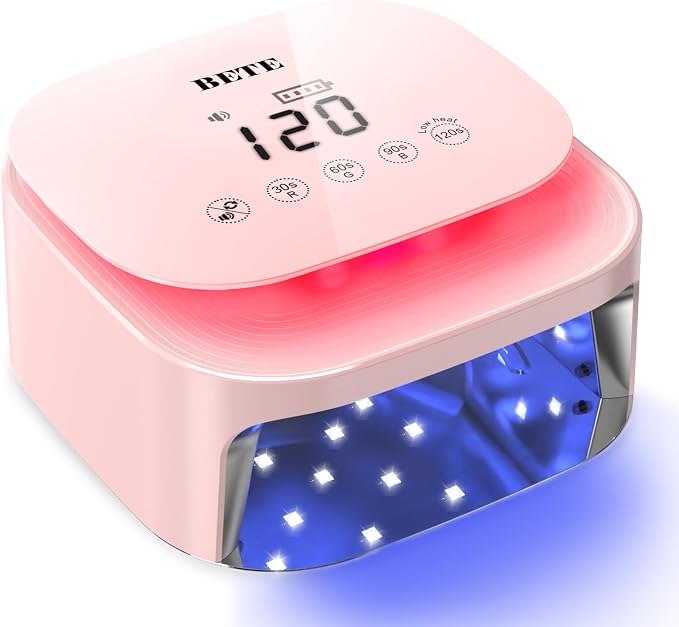BETE 60W Cordless UV LED Nail Lamp - Rechargeable Gel Polish Dryer with Auto Sensor, 30 Beads & 4 Timer Settings Portable for Home/Salon Pink
