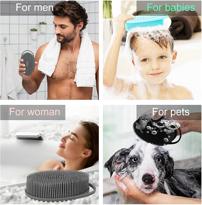 3 Pack Silicone Body Scrubber, Soft Silicone Loofah Silicone Body Brush Exfoliating Body Scrubber, Bath Shower Scrubber for Body, 2 in 1 Bath and Shampoo Wash Brush for Skin Exfoliation Men Women