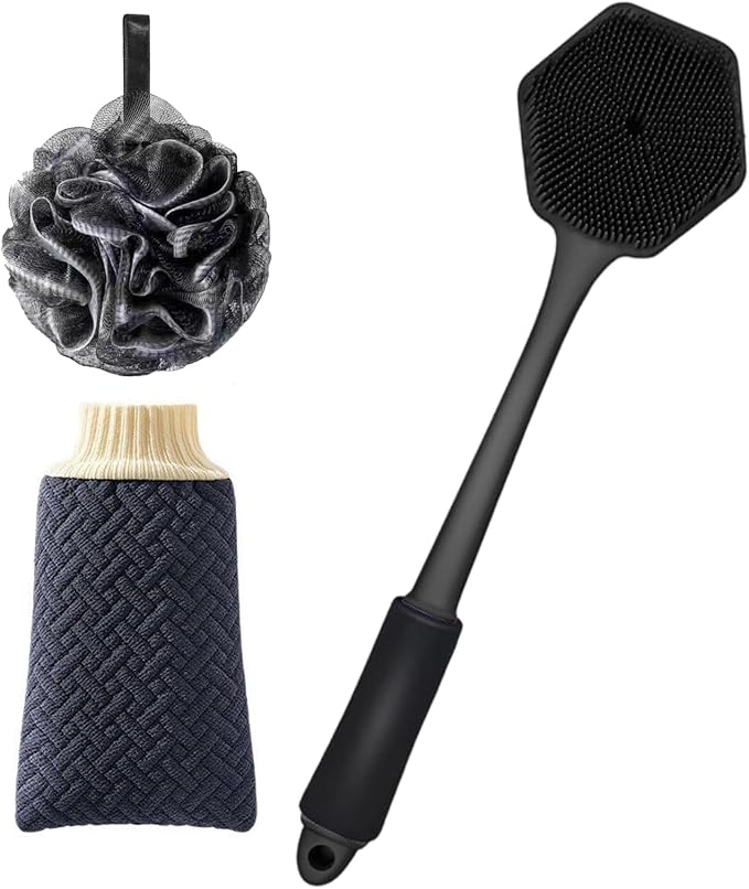 Silicone Back Scrubber & Face Scrubber Set,2Pcs Body Exfoliator | 17-Inch Long Handle with Bath Puff,Soft Exfoliating Brush for Back & Face,Deep Cleanse for Men Women Skin