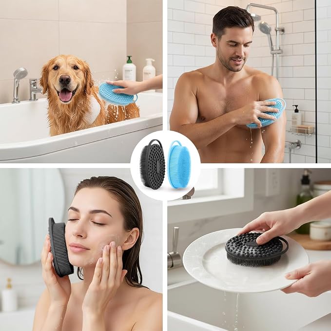 Silicone Body Scrubber 2 Pcs Silicone Loofah Exfoliating Body Scrubber for Men Women Soft Silicones Shower Scrubbers Double Sided Silicones Bath Bodys Brush for All Skin Lather Well, Blue and Black
