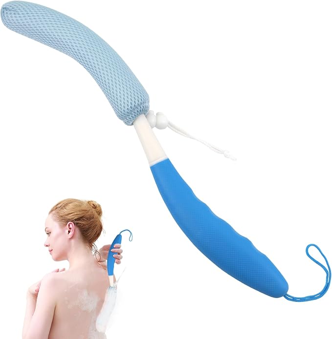 Back Scrubber for Shower,15.35"Curved Body Brush with Anti Slip Long Handle | Long Back Scrubber for Men & Women, Skin Exfoliating Curved Back Scrub Brush, Removable Long Handle Mesh Sponge Back Washer