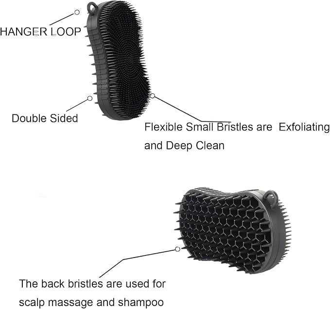 Silicone Body Scrubber, Double Sided Exfoliating Brush with Soft Flexible Bristles, Scalp Massage and Shampoo Tool with Hanger Loop (Black)