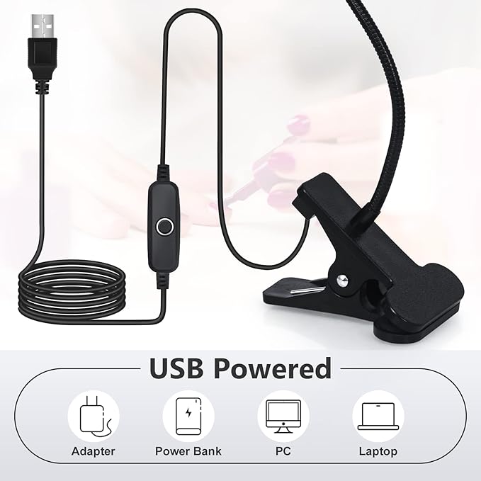 UV Nail Lamp - UV Light for Gel Nails, Flash Cure Lamp | LED Gooseneck Flash Cure Lamp for Nails, Manicure Dryer Black Light with Clamp, 365+395nm 5V 3W 4 Levels Dimming Black