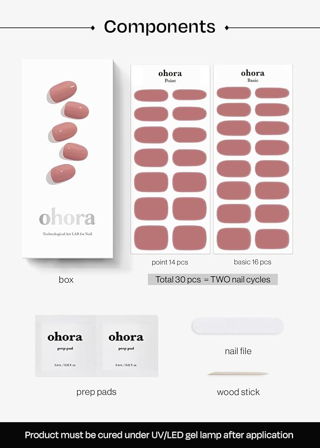 ohora Semi Cured Gel Nail Strips (N Ash Pink) - Pink, Solid, Works with Any UV/LED Lamps, Salon-Quality, Long Lasting, Easy to Apply & Remove - Includes 2 Prep Pads, Nail File & Wooden Stick