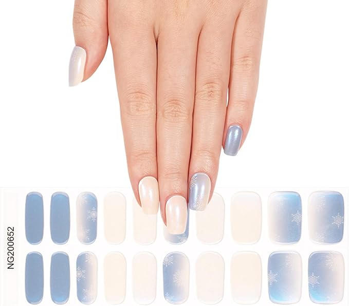 Christmas Semi Cured Gel Nail Strips - 20Pcs Snowflake UV Gel Nail Wraps, Long Lasting Salon-Quality Stickers, Includes Nails File & Wooden Stick - UV/LED Lamp Required