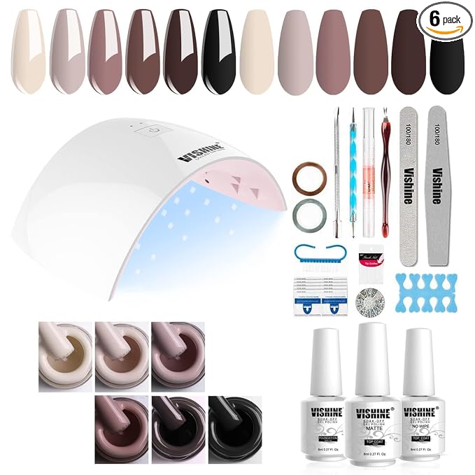 Vishine Gel Nail Polish Starter Kit, 36W LED Nail Dryer Lamp Base Top Coat 6 Classic Colors Nail File Manicure Tools Matte Top Coat for Nail Art #02