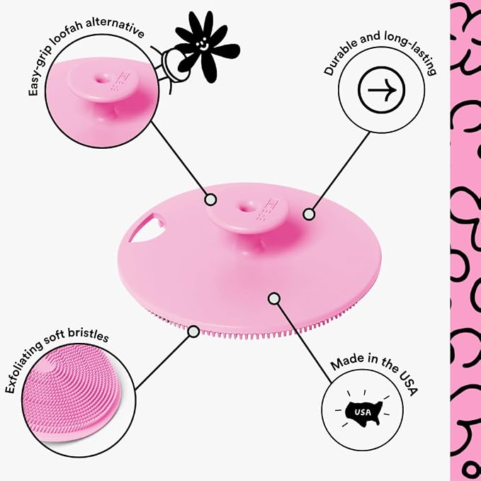 Boie USA Body Scrubber with Handle - Hygienic, Exfoliating Loofah Alternative - Feels Like Silicone Scrubber Gentle on Sensitive Skin, Hypoallergenic, BPA & Latex-Free, Made in the USA (Pink)