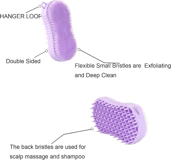 Silicone Body Scrubber, Double Sided Exfoliating Brush with Soft Flexible Bristles, Scalp Massage and Shampoo Tool with Hanger Loop (Lavender)