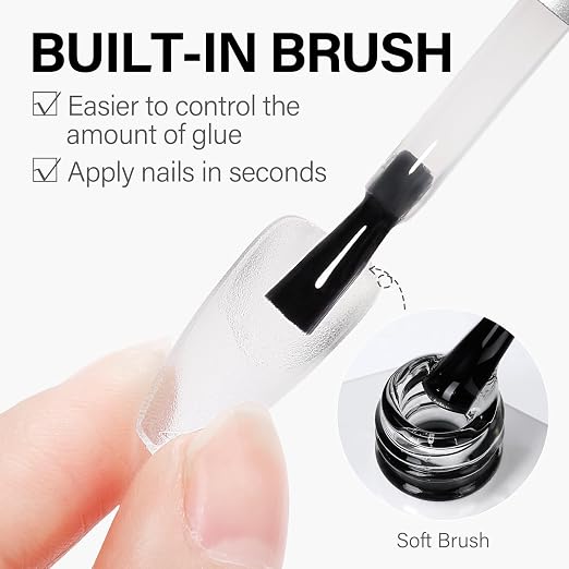 AILLSA 4 in 1 Nail Glue Gel for Acrylic Nail Tips, 15ML UV Nail Glue | Long Lasting Brush On Nail Glues for Clear Fake Nail Tips and Rhinestone Pearl Foil, Lamp Curing Needed