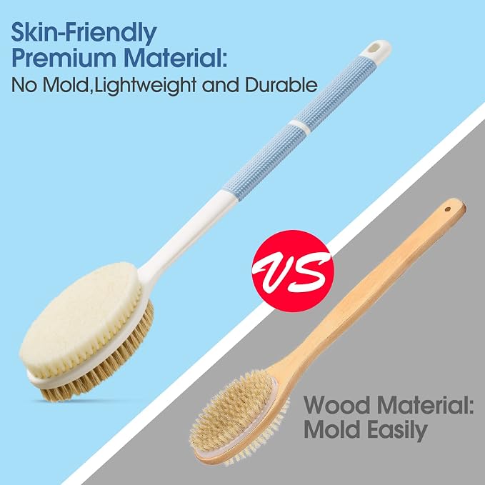 Back Scrubber Anti Slip Long Handle for Shower, Dual-Sided Back Brush with Stiff and Soft Bristles,Body Exfoliator for Bath or Dry Brush.