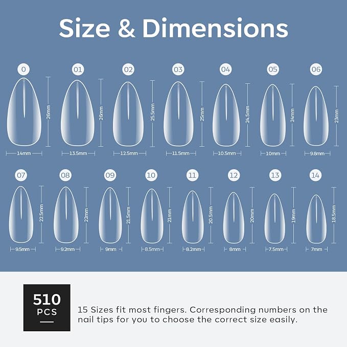 Modelones Medium Almond Nail Tips 510pcs Clear False Acrylic Press Ons Nail | Pre-shape Full Cover Fake Extension DIY at Home 15 Sizes