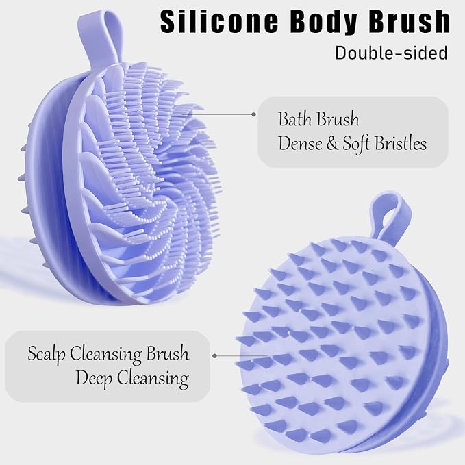 Double-Sided Silicone Body Scrubber Shower Bath Brush（Purple） | Handheld Cleansing Skin Brush for Sensitive Kids Women Men All Kinds of Skin