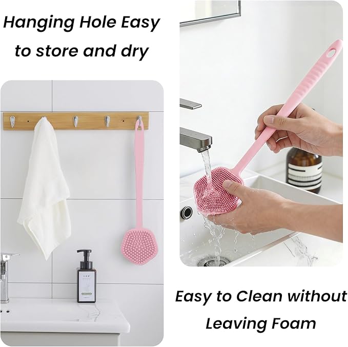 Redfly Silicone Back Scrubber for Shower Brush, 17 inch Long Handled Silicone Body Scrubber for Men & Women, Double Sided Shower Scrubber for Body Brush Exfoliator and Massage, Pink