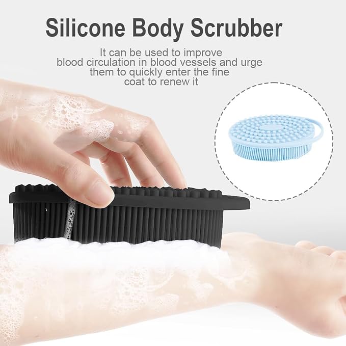 3 PCS Soft Silicone Body Scrubber,Silicone Body Shower,Silicone Loofah 2 in 4 Bath and Shampoo Brush, Body Scrubber Shower Cleaning Exfoliating Use,Lather Well, Black,Pink,Blue