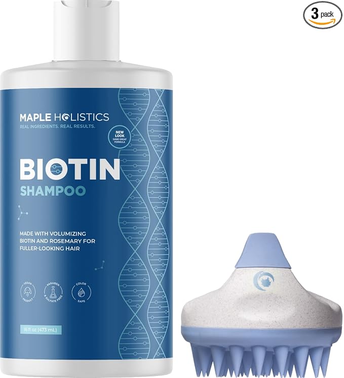 Biotin Shampoo with Scalp Scrubber Set - Hair Shampoo Brush and Silicone Scalp Exfoliator with Volumizing Shampoo Set made with Rosemary Essential Oil and Biotin for Thinning Hair 16 oz