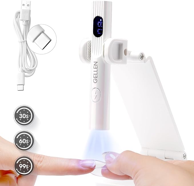 Gellen UV Light for Gel Nails, Mini Cordless UV Nail Lamp with Stand | Rechargeable Mini UV Lamp with Lcd, 30s/60s/99s Timers & 180° Stand for Handheld or Hands-Free Gel Curing