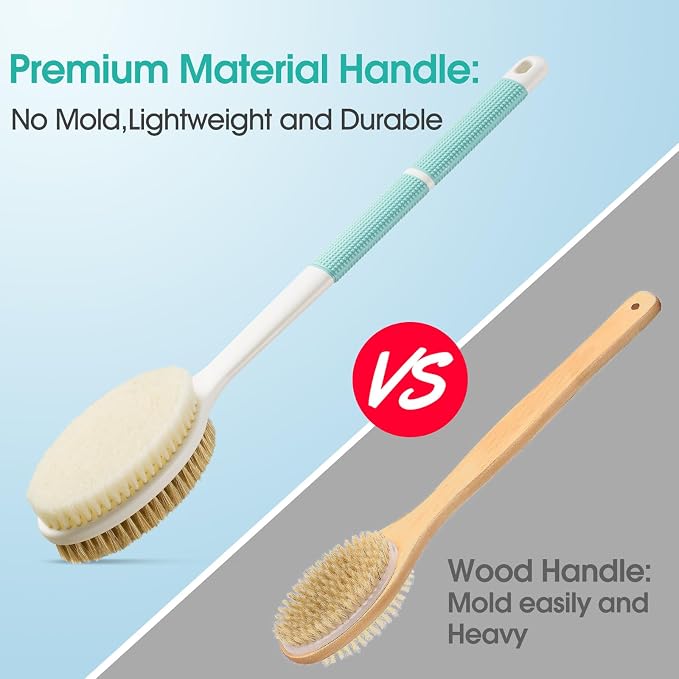Backski Back Scrubber Anti Slip for Shower,Back Brush Long Handle with Soft and Stiff Bristles,Body Scrubber for Bath or Dry Brush(Green)
