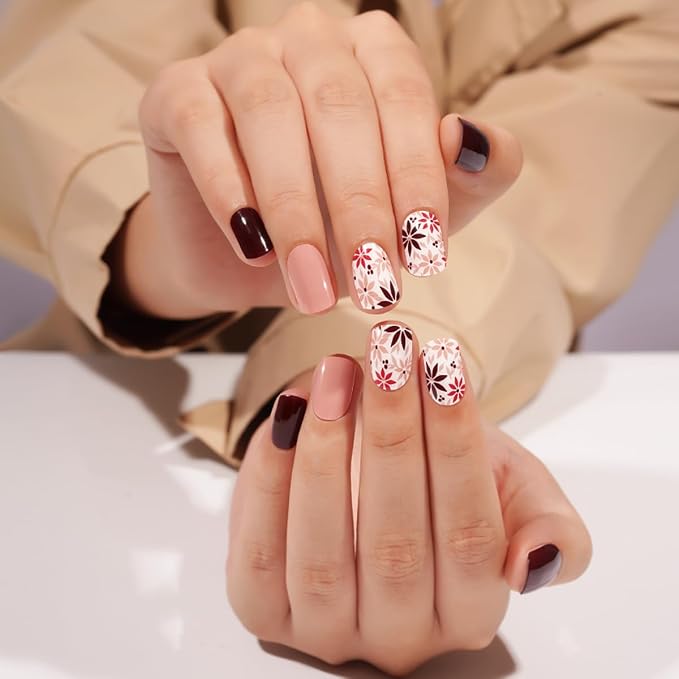 Semi Cured Gel Nail Strips - 20Pcs Brown UV Gel Nail Wraps with Fall Leaves Design, Long Lasting Salon-Quality Stickers, Includes Nails File & Wooden Stick - UV/LED Lamp Required
