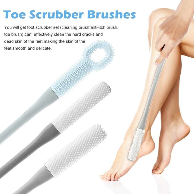CALIDAKA 3 Pack Toe Scrubber Brush,with 15.75" Long Handle Silicone Shower Foot Scrubber,Toe Cleaning Brush,No Bending to Remove The Dead Skin of The Feet,for Elderly, Pregnant Women