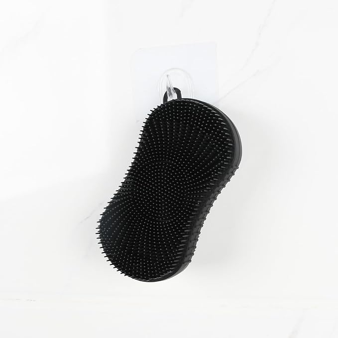 Silicone Body Scrubber, Double Sided Exfoliating Brush with Soft Flexible Bristles, Scalp Massage and Shampoo Tool with Hanger Loop (Black)