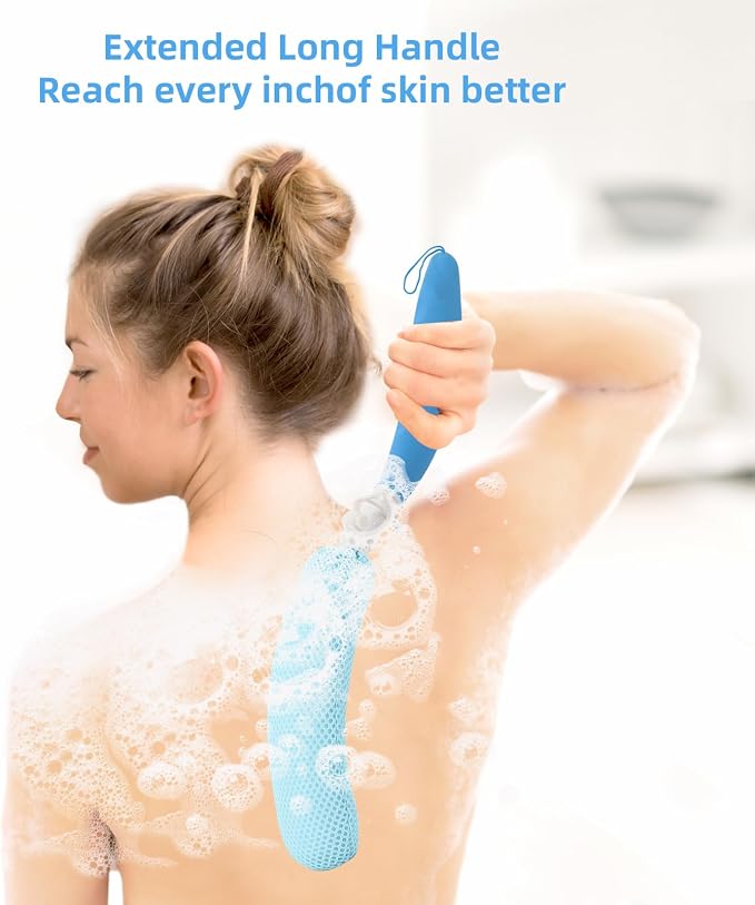 Back Scrubber for Shower,15.35" Long Handle Shower Brush for Body | Back Brush for Shower for Men Women, Long Handled Bath Sponge for Deep Clean,Exfoliating,Anti-Slip Curve Handled