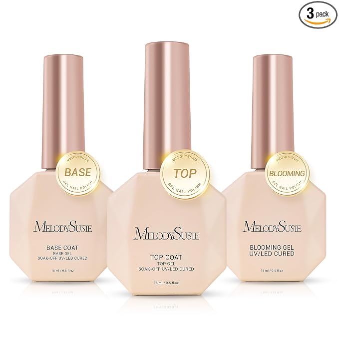 MelodySusie Top Coat Blooming Gel Base Coat No Wipe Glossy Set Long Lasting Shine Finish Soak Off UV LED Nail Lamp Nail Art Design Manicure Kit Perfect Gifts for Women Girls 3 Pcs 15ml Clear