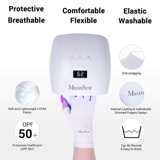 MelodySusie Premium Fingerless Protection UV Gloves for Gel Manicures | UPF50+ UV Blocking Fabric, Protect Hands from Sun and Nail Dryer Harm,Unisex for Salon & Home Gel Manicure,White
