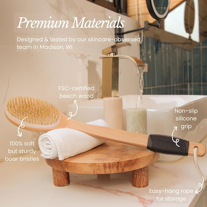 Bare Botanics 17" Extra Long Dry Body Brush - Medium Firmness Back Scrubber | Ergonomic Curved Handle with Silicone Grip and Hang Rope | Natural Bristles | For Shower Use