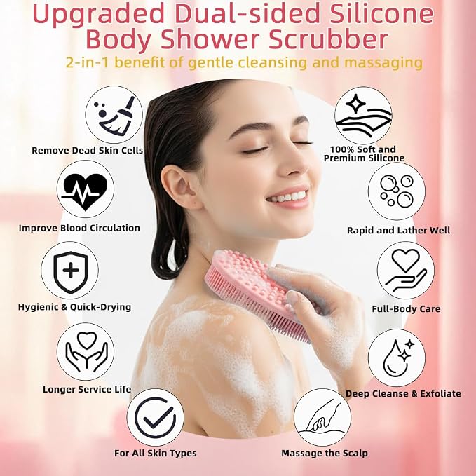 Silicone Body Scrubber 2 Pack Silicone Loofah Exfoliating Body Scrubber Soft Silicone Shower Brush with Handle Double Sided Bath Body Brush for Women Men Cleaning Massage Sensitive Skin, (Pink, Black)