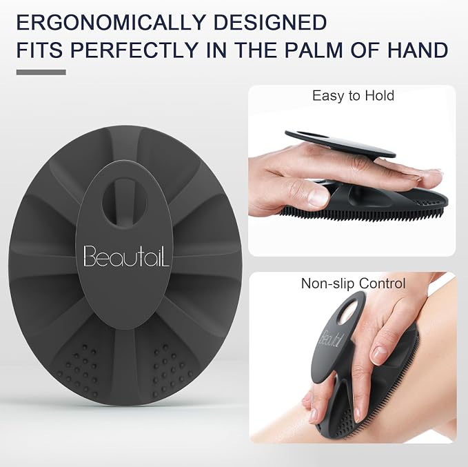 Silicone Body Scrubber, BEAUTAIL Gentle Exfoliating Brush on Sensitive Skin | Soft Shower Scrubber for Body, Hygienic Silicone Loofah, Bathroom Essentials Brush for Women, Men & Kids, 1-Pack, Black