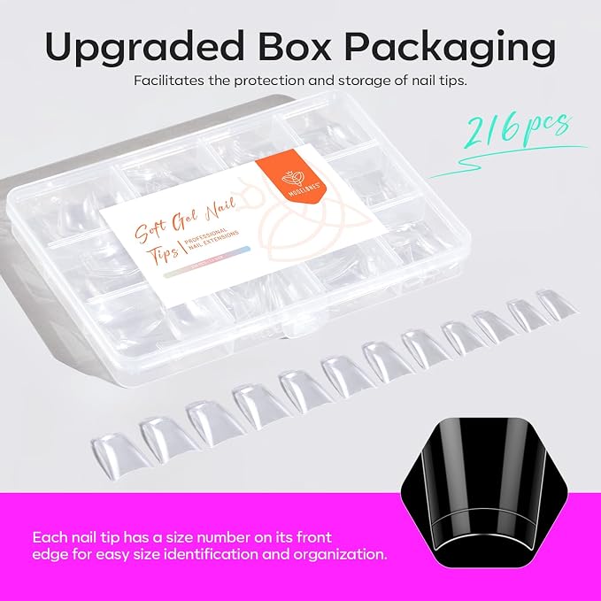 Modelones Duck Nail Tips Short Flare Pre-shape Half Cover Soft Gel Wide Kit | Acrylic Clear Full Cover Press on Extension Kit Gel Manicure DIY at Home 216PCS 12Sizes