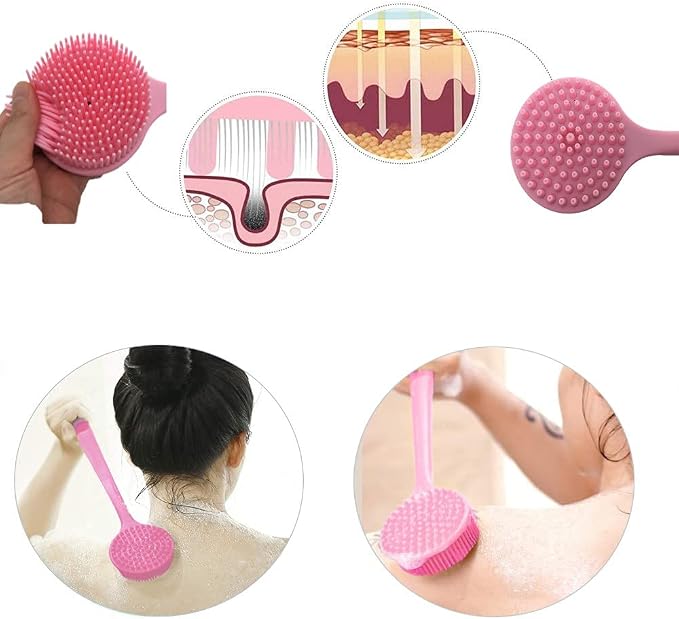 Long Handle Silicone Body Scrubber for Shower, Dual-Sided Back Scrubber Brush with Soft Bristles&Massage Nodes, Exfoliating Bath Brush for Hard to Reach Areas, Easy to Clean & Quick Dry, for Daily Use