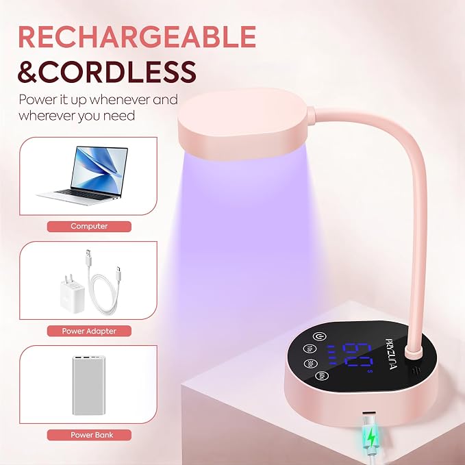 UV LED Nail Lamp, Gooseneck Gel X Mini Flash Cure Lamp, 36W Cordless Portable USB Rechargeable Nail Dryer with Auto Sensor, 4 Timers & LCD Display for DIY Home Manicure (Pink)