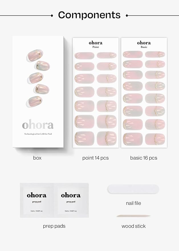 ohora Semi Cured Gel Nail Strips (N Pink Mermaid) - Hologram, Pattern, Works with Any UV/LED Lamps, Salon-Quality, Long Lasting, Easy to Apply & Remove - Includes 2 Prep Pads, Nail File & Wooden Stick