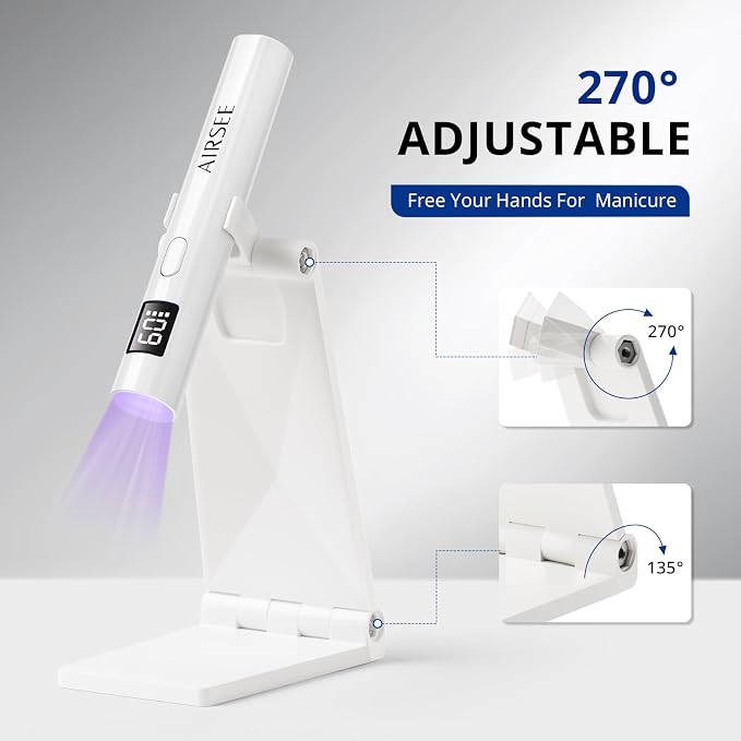 AIRSEE Mini Handheld UV Light with Storage Bag & Display,White-with Stand | Cordless Nail Lamps,2 Timers for Fast Cure All Soft Gels, Especially Rhinestone Glue and Gel Nail Strips at Home,Travel