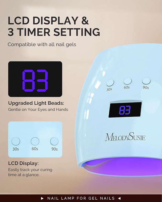 MelodySusie Detachable Base UV/LED Nail Lamp P-Plus30I for Hard Gel | 54W, 3 Timer Settings, Smart Sensor, LCD Display, 30 UV/LED Beads, Rhinestone Glue, Solid Nail Glue Gel, Liner Gel, Blue