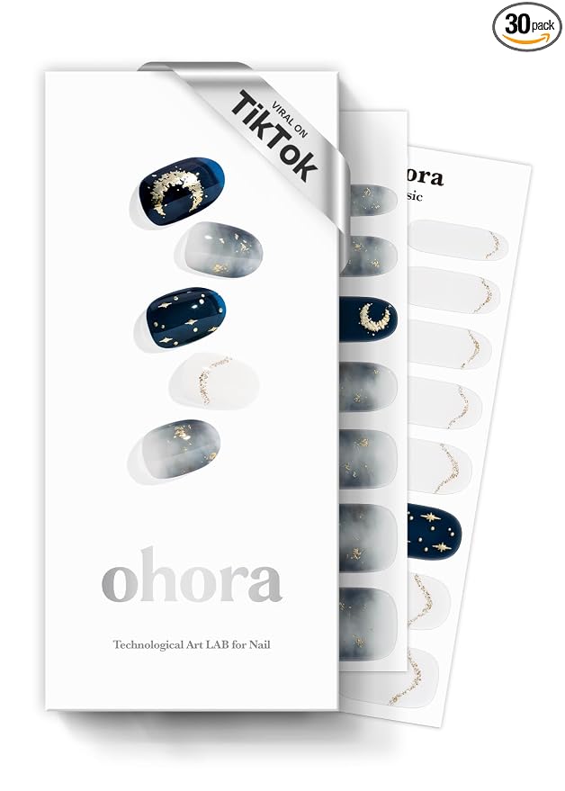 ohora Semi Cured Gel Nail Strips (N Moonlight) - Dark, Patterned, Works with Any UV/LED Lamps, Salon-Quality, Long Lasting, Easy to Apply & Remove - Includes 2 Prep Pads, Nail File & Wooden Stick