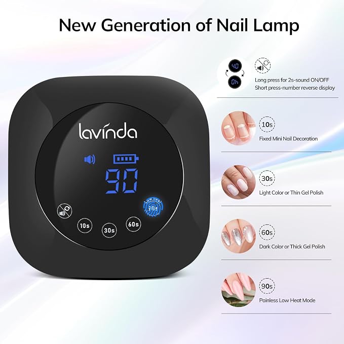 Lavinda UV Nail Lamp for Gel Polish, Professional UV Light Nail Dryer Black | Gel Nail Lamp Cordless, Rechargeable Fast Curing Lamp with 4 Timer Setting Auto Sensor, 54W, 36 Dual Wavelength Lamp beads