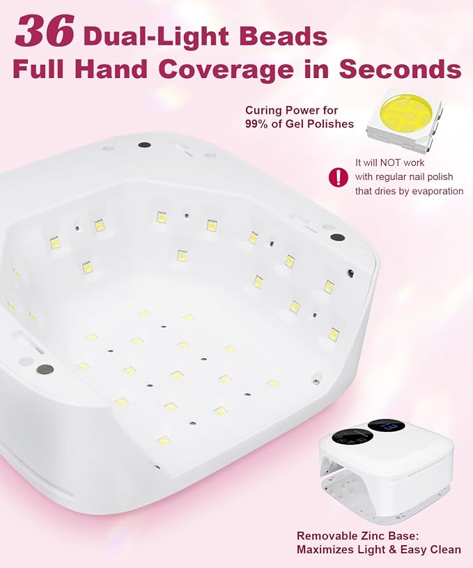 80W Cordless Nail Lamp with Magnetic Detachable Base, Dual-Screen Display | 5 Timers,Gel Nail Light, Professional UV/LED Light for Gel Nails Fast Curing All Gel Polishes (White)