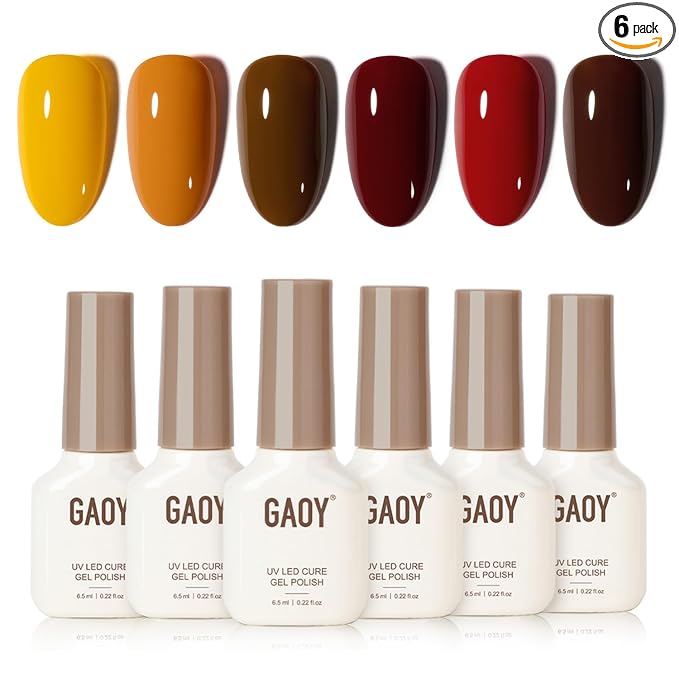 GAOY Brown Red Gel Nail Polish Set, 6 Colors Burgundy Orange Pumpkin Soak Off UV Light Cure Gel Polish Kit for Salon and Nail Art DIY at Home