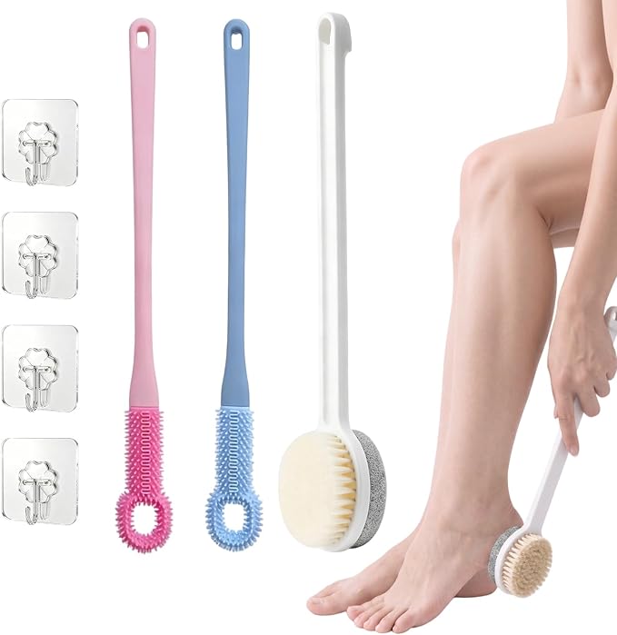 Foot Scrubber with Pumice Stone & 2 Pcs Toe Cleaning Brush, Long Handle Callus Remover for Feet, Toe Cleaning Brush for Dead Skin, Shower Foot Brush for Seniors, Elderly, Men Women (Include 4 Hooks)