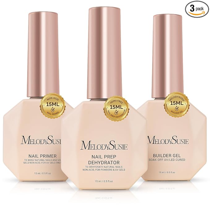 MelodySusie Builder Gel Nail Dehydrator and Primer Set Long Lasting Shine Nail Polish Art Design Manicure Kit Perfect Gifts for Women Girls 3 Pcs 15ml Clear
