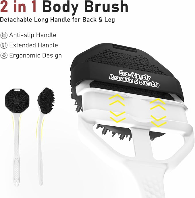Back Scrubber for Shower for Men 2 Pack, Silicone Body Scrubber with Long Handle, Detachable Body Wash Scrubber Shower Scrub Brush - Lathering Bristles Deep Clean Exfoliator Women Mens Black