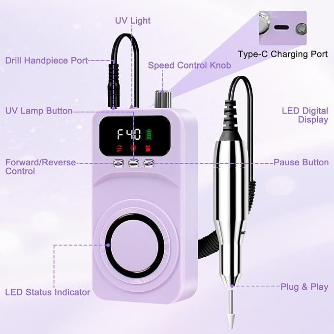 TPQKA PurpleNail 2 in 1 Nail Drill with UV Light, Professional Electric Nail File Kit 40000RPM, Rechargeable Manicure Pedicure Tools Set with 12 Bits & Lamp for Acrylic Gel Nails (Purple Silver)